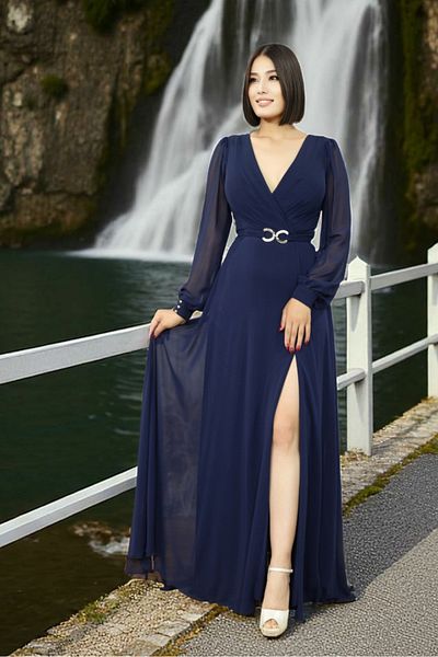 FaBe Fashion Long Sleeve Double Breasted Collar Chiffon Wedding and Outer Shoot Evening Dress - With Waist Buckle and Slit