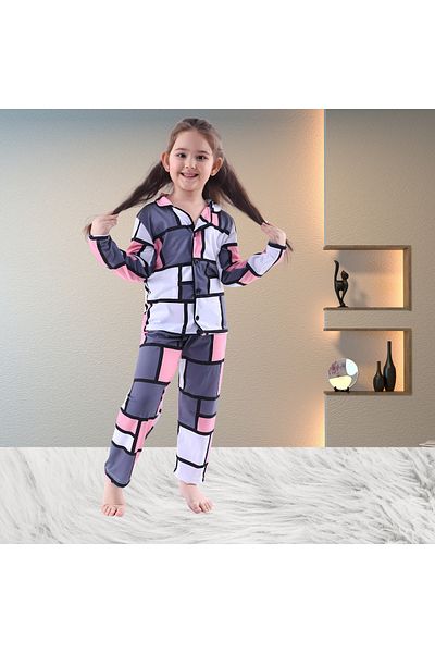 Fox Moda Long Sleeve Square Pattern Printed Girls' Pajama Set