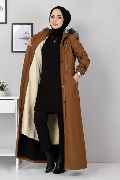 Tesettür Dünyası Waist Lace-Up Capped Coat Tsd1936 Tan