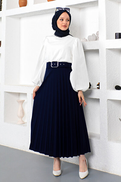Tesettür Dünyası Belted Pleated Skirt Tsd230113 Navy Blue