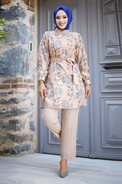Tesettür Dünyası Kék virágmintás öves dupla öltöny - TSD 240726