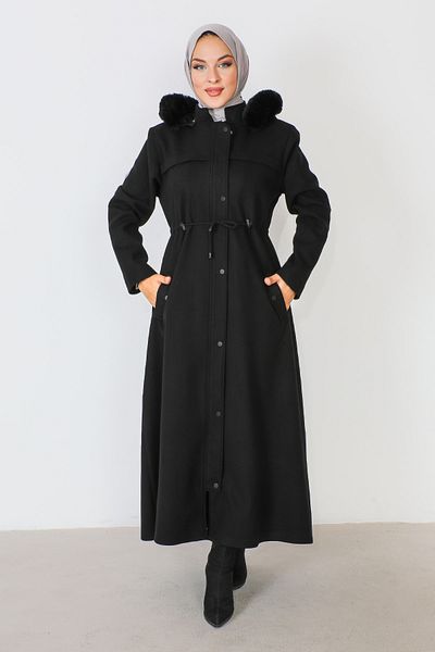 Tesettür Dünyası Full Length Hidden Zipper Cashmere Coat TSD230911 Black