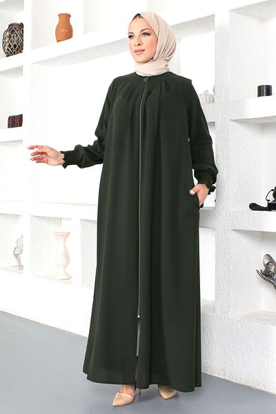 Tesettür Dünyası Hijab Abaya with Elastic Sleeves Tsd230332 Khaki