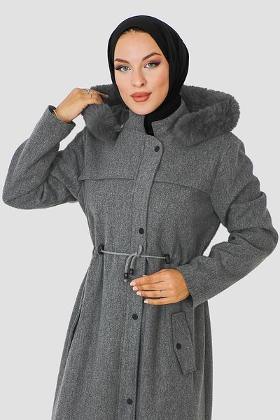 Tesettür Dünyası Full Length Hidden Zipper Stamp Coat TSD230911 Gray