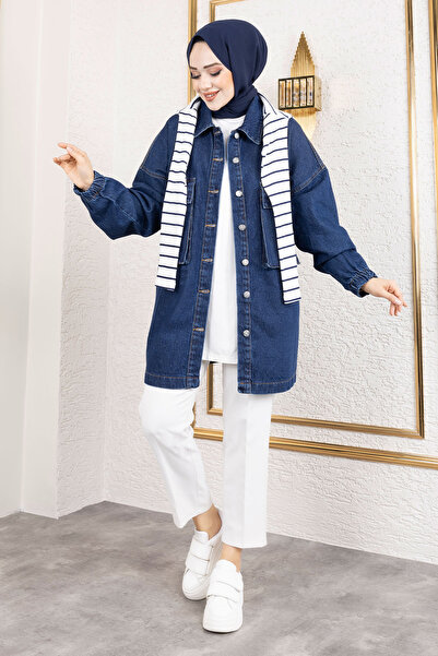 Tesettür Dünyası Oversize Denim Jacket Tsd with Bellows Pockets 250103 Dark Blue
