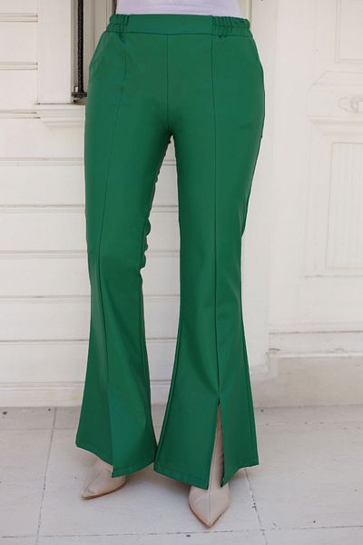 Tesettür Dünyası Green Leather Trousers - Spanish Leg, Front Slit Tsd 240813