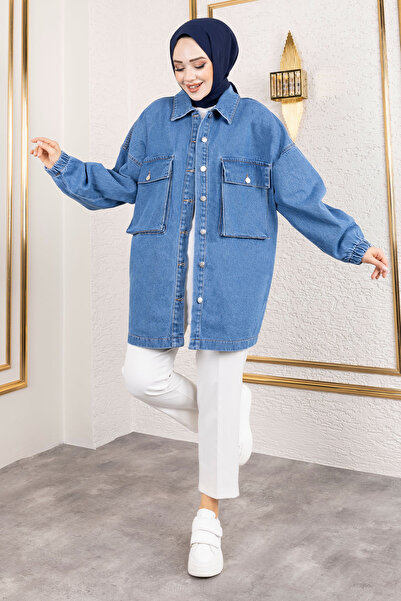 Tesettür Dünyası Blue Oversize Denim Jacket - with Bellows and Pockets
