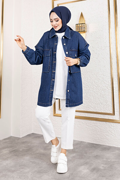 Tesettür Dünyası Oversize Denim Jacket Tsd with Bellows Pockets 250103 Dark Blue