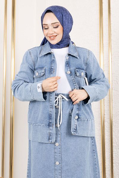 Tesettür Dünyası Pocketed Sleeve End Fold Skirt Denim Suit Tsd 250134   Light Blue