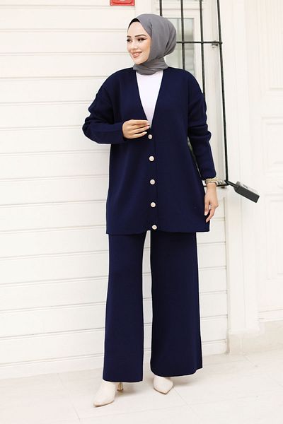 Tesettür Dünyası Σετ ζακέτα με πλεκτά Navy Blue - Πέτρινο Λεπτομερές Κουμπί TSD 240932
