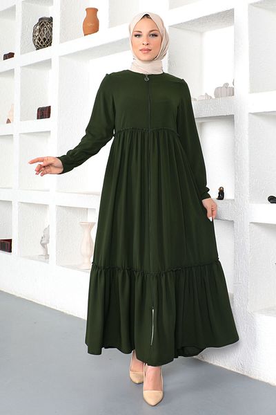 Tesettür Dünyası Flounced Hijab Abaya Tsd230335 Χακί