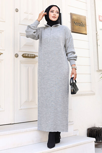 Tesettür Dünyası Half Zipper Knitwear Long Dress Tsd240715 Gray