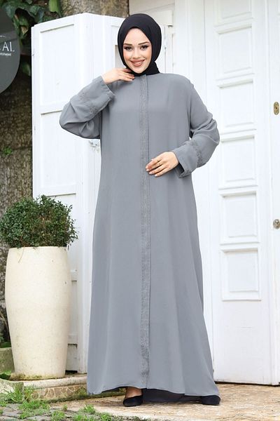 Tesettür Dünyası Μεγάλου μεγέθους εμπρός κεντημένο Hijab Ferace TSD240245