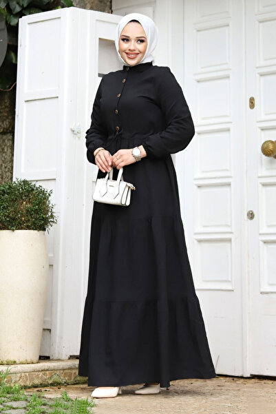 Tesettür Dünyası Dlouhé hidžábové šaty s předním polovičním zapínáním na knoflíky TSD240229 černé