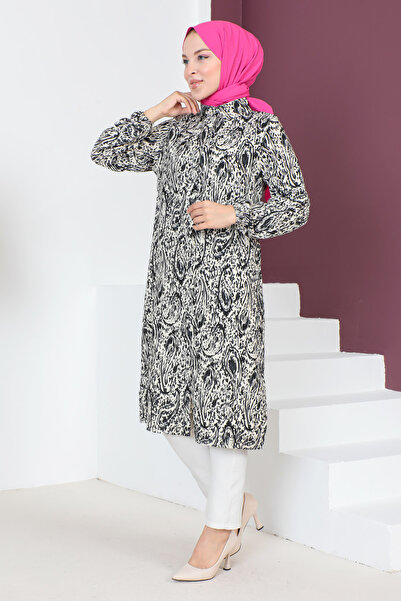 Tesettür Dünyası Vzorovaná dlouhá tunika TSD230706 černá