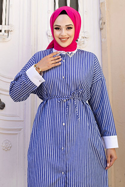 Tesettür Dünyası Indigo Tunic - Stone Detailed Collar, Tie Waist, Striped TSD240605