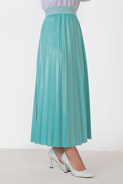 Tesettür Dünyası Skládaná sukně koženého vzhledu TSD221001 tyrkysová