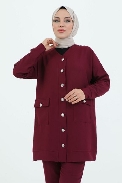 Tesettür Dünyası V-Neck Buttoned Double Suit with Pockets TSD231218 Plum