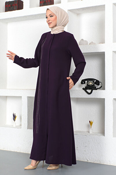 Tesettür Dünyası Hijab brodat cu paiete ondulat în față Ferace Tsd230423 Prune