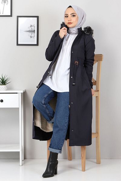 Tesettür Dünyası Waist Laced Coat Tsd1932 Navy Blue