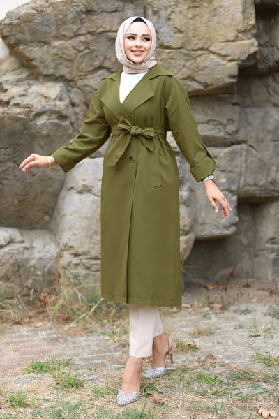 Tesettür Dünyası Katlama Kol Detaylı Trençkot TSD240921 Yeşil