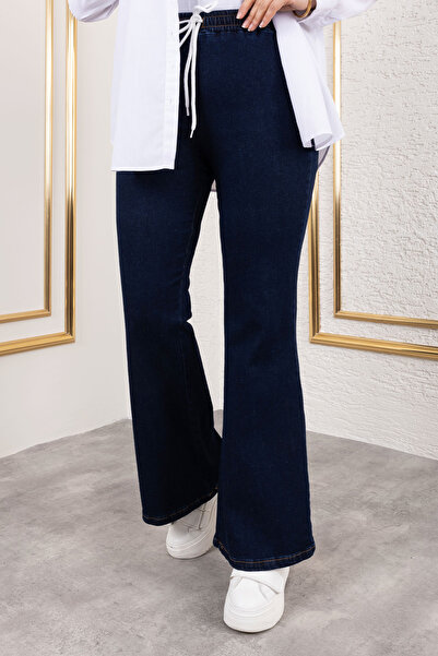 Tesettür Dünyası Beli İpli İspanyol Paça Kot Pantolon TSD250107 Koyu Mavi