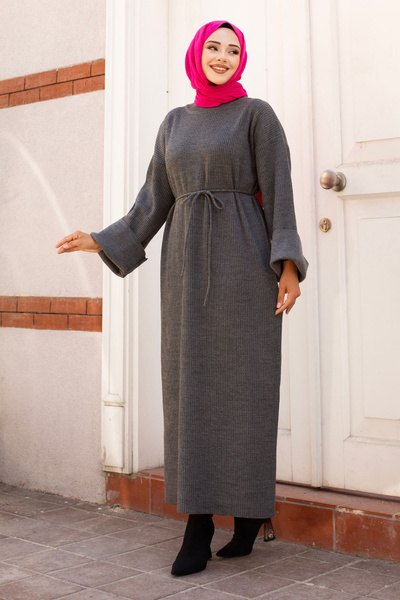Tesettür Dünyası Μακρύ φόρεμα με κορδόνι στη μέση και χαμηλά μανίκια TSD240708 Smoked