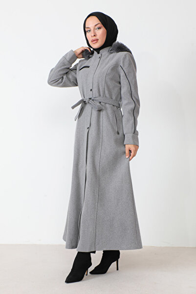 Tesettür Dünyası Detailní kožený kašmírový kabát TSD230811 šedý