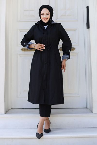 Tesettür Dünyası Black Striped Trench Coat - Front Snap Lining Tsd 240926