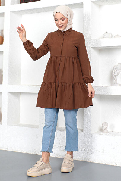 Tesettür Dünyası Tunika z falbaną Tsd230370 Brązowa
