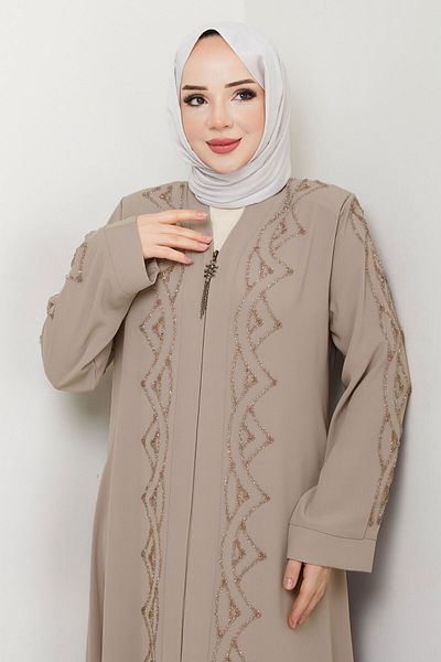 Tesettür Dünyası V Neck Abaya - Μπεζ (TSD250123)