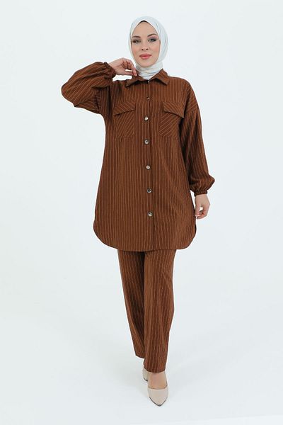 Tesettür Dünyası Drop Pocket Covered Buttoned Suit TSD231209 Brown