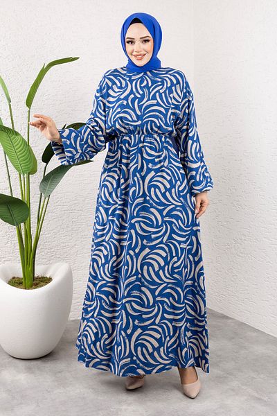Tesettür Dünyası Φόρεμα Indigo Viscose - TSD με μοτίβο και ελαστική μέση 250102