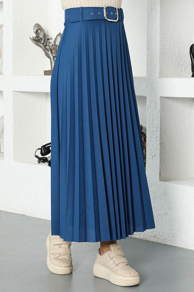 Tesettür Dünyası Tsd 220915   Model Indigo Belted Pleated Skirt