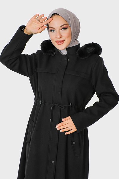Tesettür Dünyası Full Length Hidden Zipper Cashmere Coat TSD230911 Black