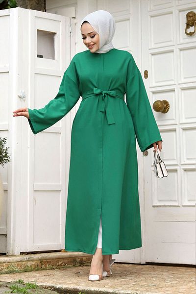 Tesettür Dünyası Bat Sleeve Waist Belted Ferace TSD240204 Emerald Green