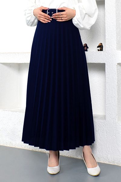 Tesettür Dünyası Belted Pleated Skirt Tsd230113 Navy Blue