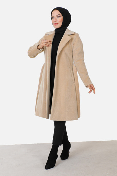Tesettür Dünyası Waist Belted Fox Coat TSD230917 Beige