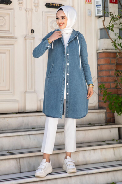 Tesettür Dünyası Tunica de blugi cu glugă cu nasturi TSD 240507
