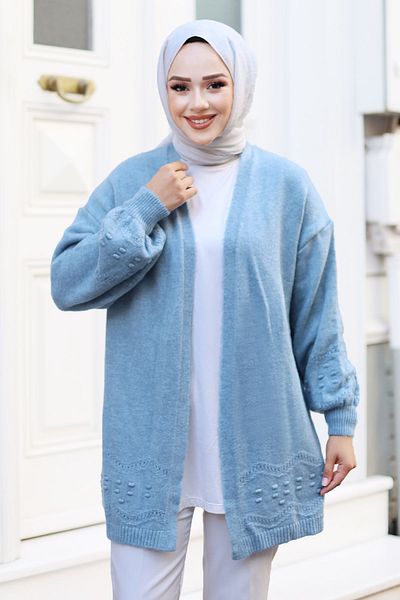 Tesettür Dünyası Cardigan de tricotaj cu mânecă cu balon albastru - TSD fără nasturi 240803