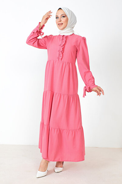 Tesettür Dünyası Μακρύ μοντέρνο φόρεμα με λουράκια TSD221207 Ροζ