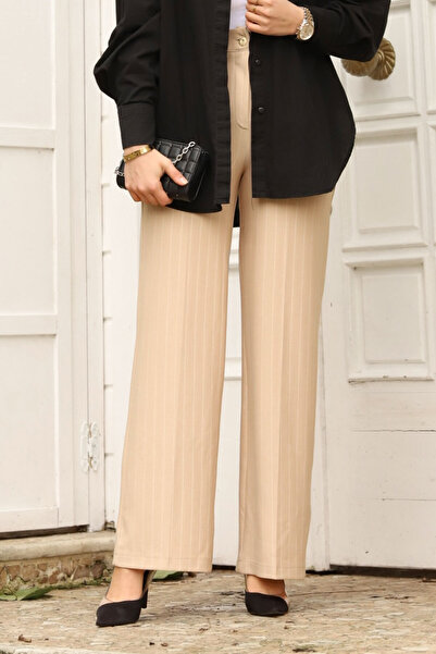 Tesettür Dünyası Wide Leg Striped Trousers TSD240115 Beige
