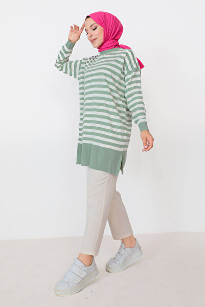 Tesettür Dünyası Çizgili Triko Tunik TSD230716 Mint Yeşili