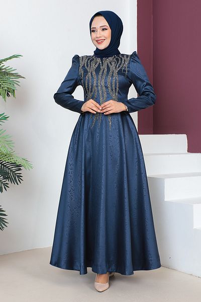 Tesettür Dünyası Večerní šaty s detailem flitrů na přední straně TSD230634 Navy Blue