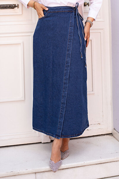 Tesettür Dünyası Yandan Bağlamalı Kot Etek TSD240615 Mavi