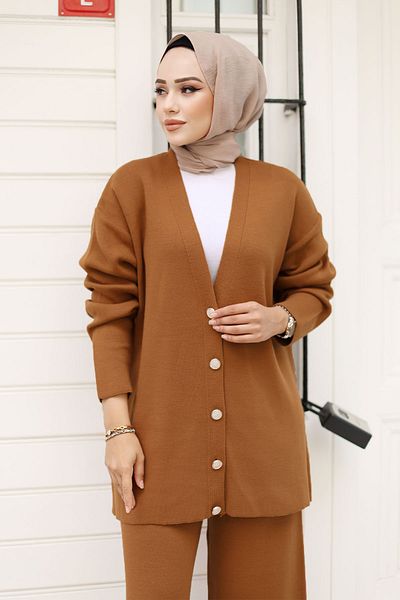 Tesettür Dünyası Jewelled Buttoned Knitwear Cardigan Set - Tsd 240932   Tan