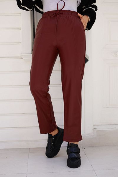 Tesettür Dünyası Claret Red Leather Trousers - Side Detailed, Tsd 240814