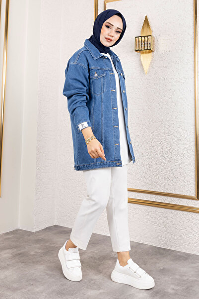 Tesettür Dünyası Düğmeli Klasik Kot Ceket Tsd250105 Mavi
