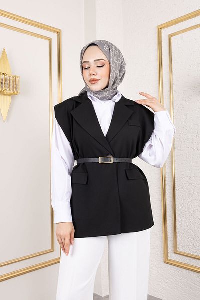 Tesettür Dünyası Padded Belted Vest Tsd 250151   Black