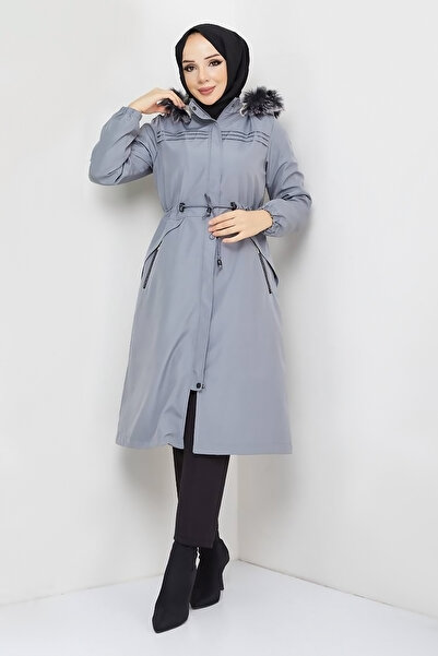 Tesettür Dünyası Zippered Pocket Patch Detailed Coat TSD231013 Gray
